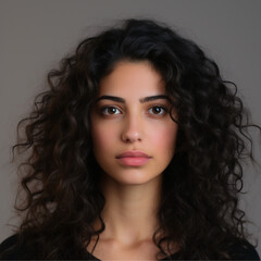 29 year old woman, half black and half white, mass of curly black hair shoulder length, full lip[s brown eyes, aquiline nose - obrazy, fototapety, plakaty