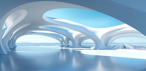 Obraz premium 3D render of abstract futuristic architecture with empty concrete floor, product and car presentation background, copy space, Geometric structure design