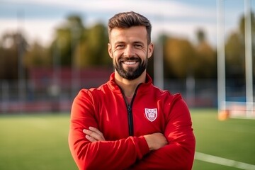 Portrait of a handsome young man in a red jacket on a soccer field.