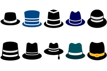 a variety of men's hats on a white background, including baseball caps, fedoras, beanies, and straw hats. They are arranged in a visually appealing and informative way, grouped by type, size, and colo - obrazy, fototapety, plakaty