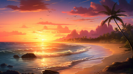 beautiful beach with sunset, generative ai