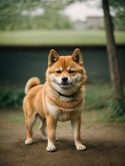 Portrait of a cute Shiba Inu standing against a background of Japanese scenery.Suitable for pet store advertising, greeting cards, etc