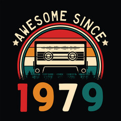Awesome Since 1979 Retro Sunset Cassette Tape T-Shirt Mug Sticker Vector