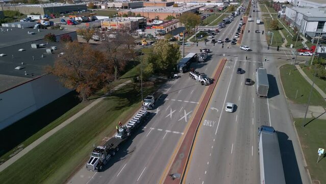 Aerial View of road accident with overturned truck blocking traffic. Naperville. IL. USA , November 15, 2022.