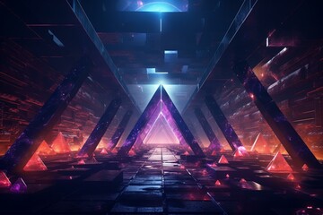 Vibrant digital pathway with unique triangular mechanisms and futuristic radiance. Alternate version included. Generative AI - obrazy, fototapety, plakaty