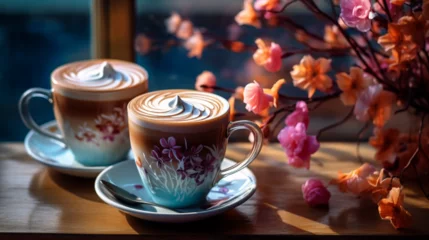 Foto op Plexiglas a cappuccino on a wooden table coffee cup flowers table, generative ai © Khang Kano