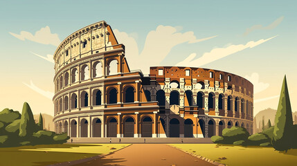 flat simple vector illustration, the coloseum in rome, ancient symbol of the Roman empire in the capital city of Italy. Most famous landmark in Rome. Travel destination. Roman civilization.