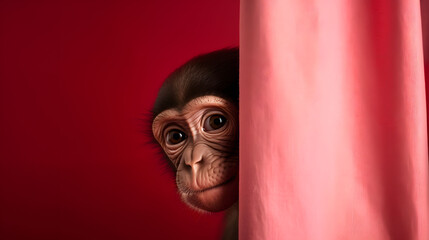 Funny Monkey Peeking Out from Red Curtain on Soft Pink Studio Background, AI Generated Image