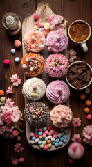  cupcakes, on a wooden table, surrounded by ingredients, ultra textured, studio lighting, gourmandise 