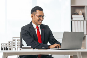 Agent presents contracts for property purchase or lease. Businessman asian indian people showcases...