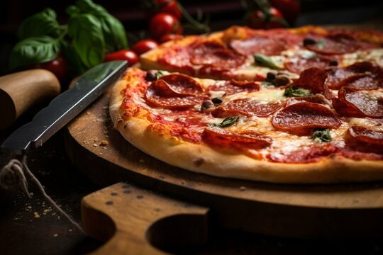 Closeup image of a pepperoni/salami pizza made with tools. Generative AI