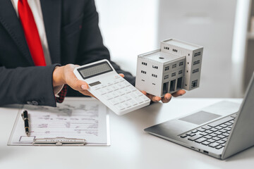 Agent presents contracts for property purchase or lease. Businessman asian indian people showcases...