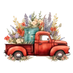 Zelfklevend Fotobehang A red vintage truck with flowers watercolor illustration © AudDum