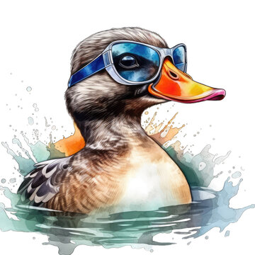 A funny goose duck wearing sunglasses watercolor illustration