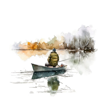 A fisherman sitting on a boat with a fishing watercolor painting art