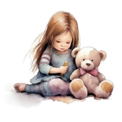 Fototapeta na wymiar Little girl sitting with a teddy bear, Baby girl play toy, watercolor illustration