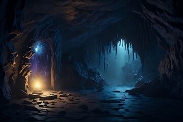 A mysterious, dark cave with a glowing, illuminated wall, perfect for writing stories and secrets. Fire