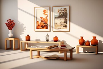 Table in front of living room interior. Presentation and exhibition of products. Generative AI