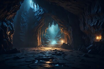 A mysterious, dark cave with a glowing, illuminated wall, perfect for writing stories and secrets. Stone
