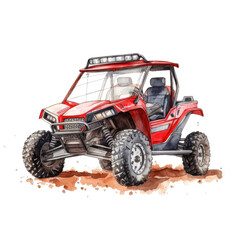A watercolor painting of an utv, offroad red car with mud adventure illustration.
