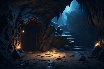 A mysterious, dark cave with a glowing, illuminated wall, perfect for writing stories and secrets. Night