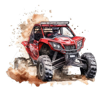 A watercolor painting of an utv, offroad red car with mud adventure illustration.