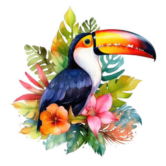 A toucan with flowers and leaves watercolor art Illustration