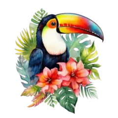 Papier Peint photo Autocollant Toucan A toucan with flowers and leaves watercolor art Illustration