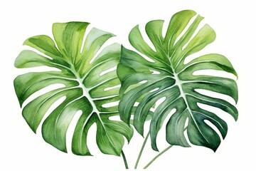 Fototapeta na wymiar Print with tropical watercolor design of monstera leaves for summer card and decor ideas. Generative AI