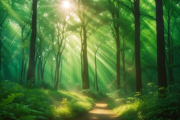 Beautiful rays of sunlight in a green forest. misty