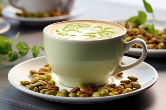Pistachio latte in a white cup on a saucer on the table
