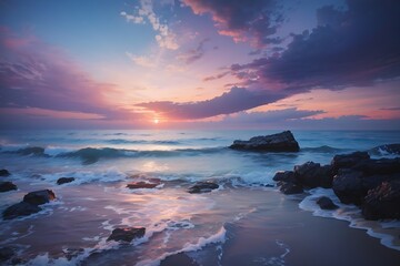 Beautiful twilight sky and seascape. rock