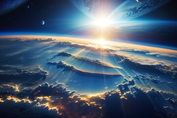 blue sunrise, view of earth from space, sun