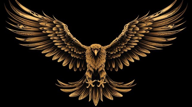 Soaring bird of prey. Gold silhouette on black background. Vector hand drawn illustration. Template for temporary tattoo, t-shirt print and other4k, high detailed, full ultra HD, High resolution