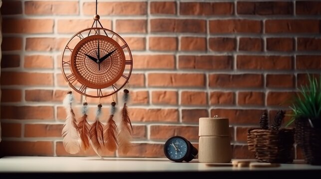 Stylish dream catcher hanging on light brick wall and table with alarm clock, hourglass and fashion magazines. with copy space