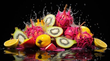 Fototapeta na wymiar a bunch of fruit that is in the water with a splash. generative ai