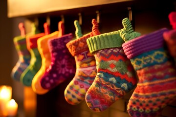 Close-up shot of Christmas Socks hanging on the Fireplace with a row of colorful. Socks for gifts in a festive interior. Merry Christmas and Happy New Year concept - Powered by Adobe