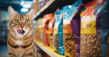 A Bengal cat licks its lips in anticipation of food.