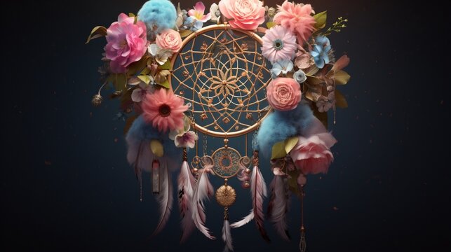 There is a picture of a dream catcher with flowers on it 4k, high detailed, full ultra HD, High resolution