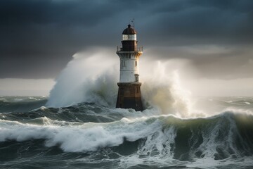 Lighthouse battling stormy waves. Generative AI