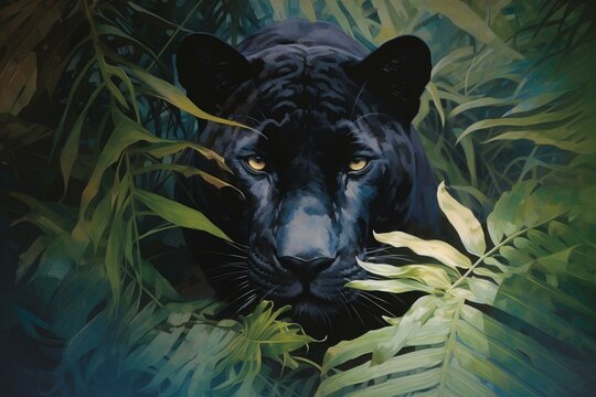 a sleek panther in a lush jungle, surrounded by foliage, with a warm glow peeking through, framed in black with a touch of blue. Generative AI
