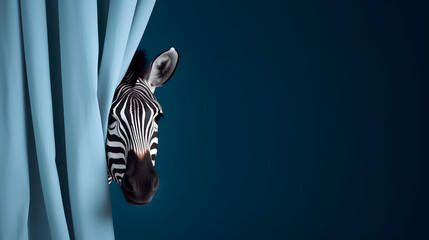 Funny Zebra Peeking Out from Dark Blue Curtain on Soft Blue Studio Background, AI Generated Image