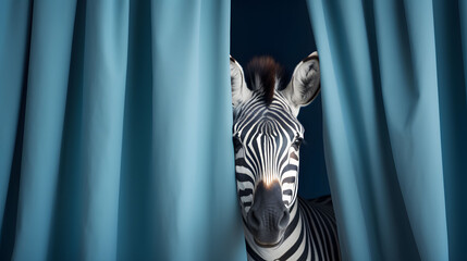 Funny Zebra Peeking Out from Dark Blue Curtain on Soft Blue Studio Background, AI Generated Image