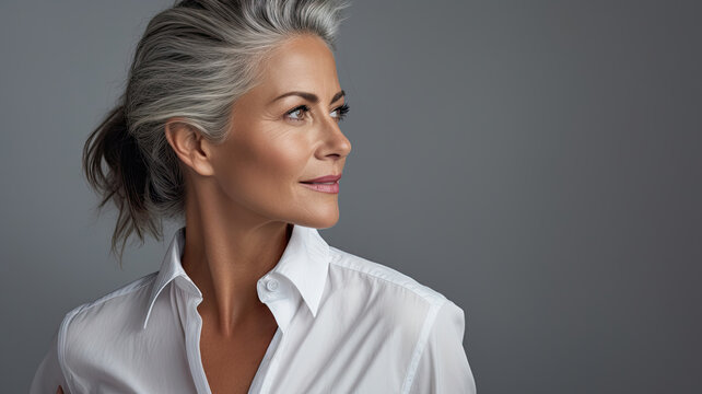 beautiful older woman with gray hair, looking to the side and wearing a white shirt. Against a gray background