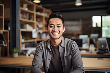 Fototapeta premium Man Graphic Design Process. Portrait of Young Asian Man Graphic Designer Working on Logotype