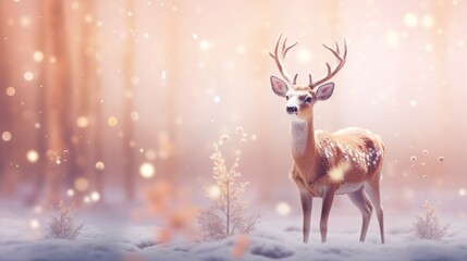  a deer standing in a snowy forest with snow flakes.  generative ai