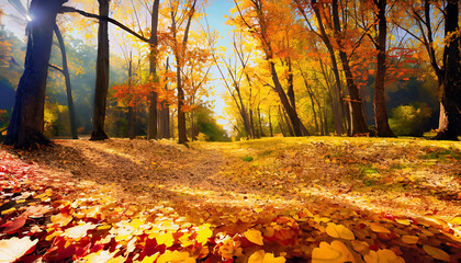 autumn forest in the morning, Golden Moments: Stepping into Nature's Autumn Masterpiece, AI Generated