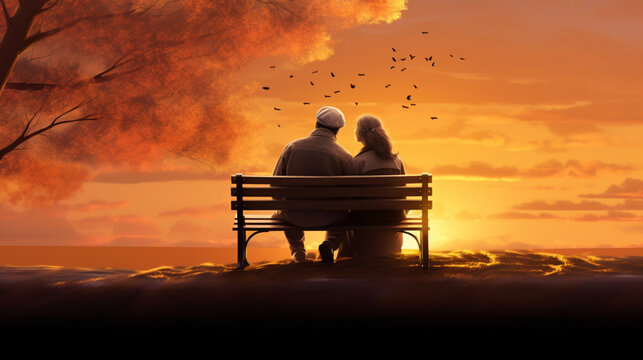 romantic old couple sitting on the bench. in fr, generative ai