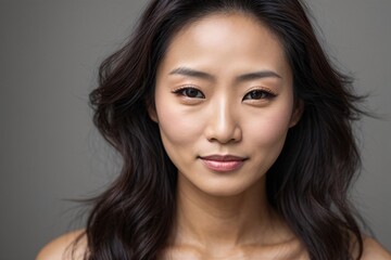 Fototapeta premium Japanese beautiful woman portrait with smooth health skin face for advertising design. Fit asian beautiful aging young looking woman. Generative Ai.