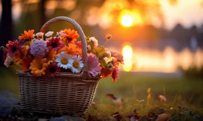 Zelfklevend Fotobehang beautiful basket with colorful autumn lflowers agains, generative ai © Khang Kano